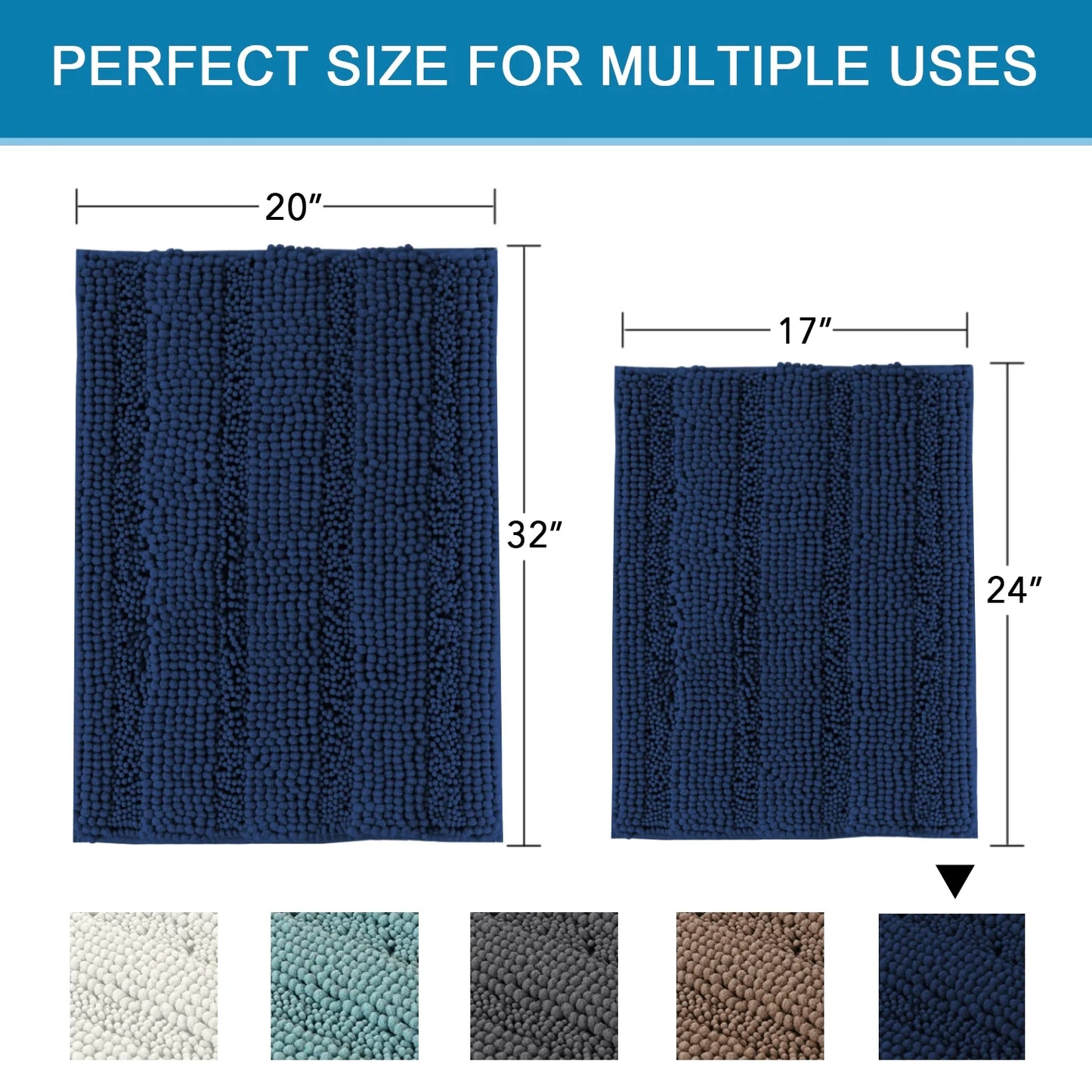 Chenille Shaggy Rug Collection Contemporary Solid Print Navy Microfiber Polyester Bath Rugs, 20" X 32" plus 17" X 24", Machine Washable, 2 Count