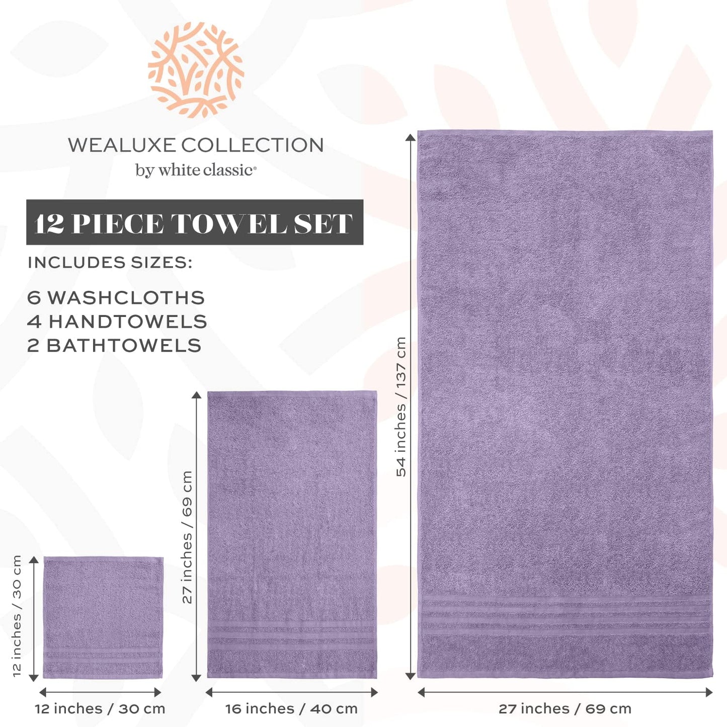 12 Piece Bath Towel Set for Bathroom - Wealuxe Collection 2 Bath Towels, 4 Hand Towels, 6 Washcloths 100% Cotton Soft and Plush Highly Absorbent, Soft Towel for Hotel & Spa - Lavender