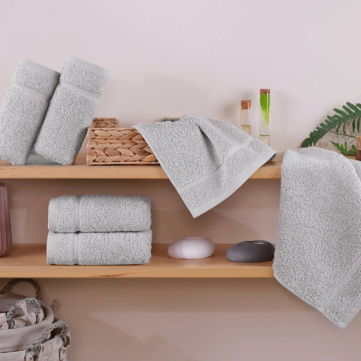 Luxury Cotton Washcloths 13X13 Inch - Large Hotel Spa Bathroom Face Towel | 12 Pack | Ice Silver