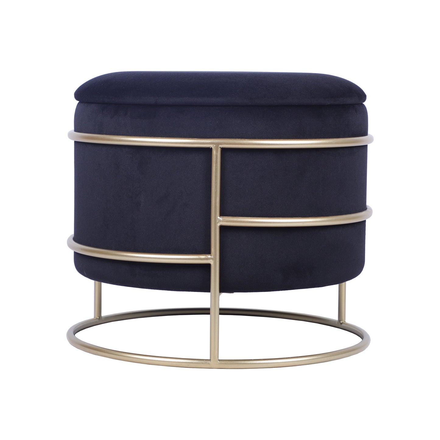 Elegant Velvet round Ottoman with Gold Frame and Storage, Black