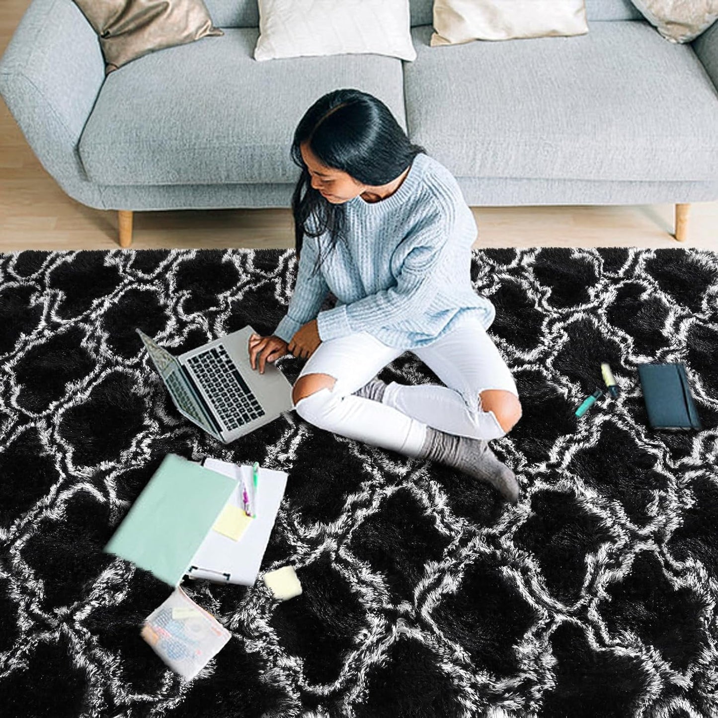 Shag Area Rug Geometric Plush Fluffy Rugs Soft Moroccan Carpet for Bedroom Living Room Floor Mat Home Decor,4X6Ft,Black/White