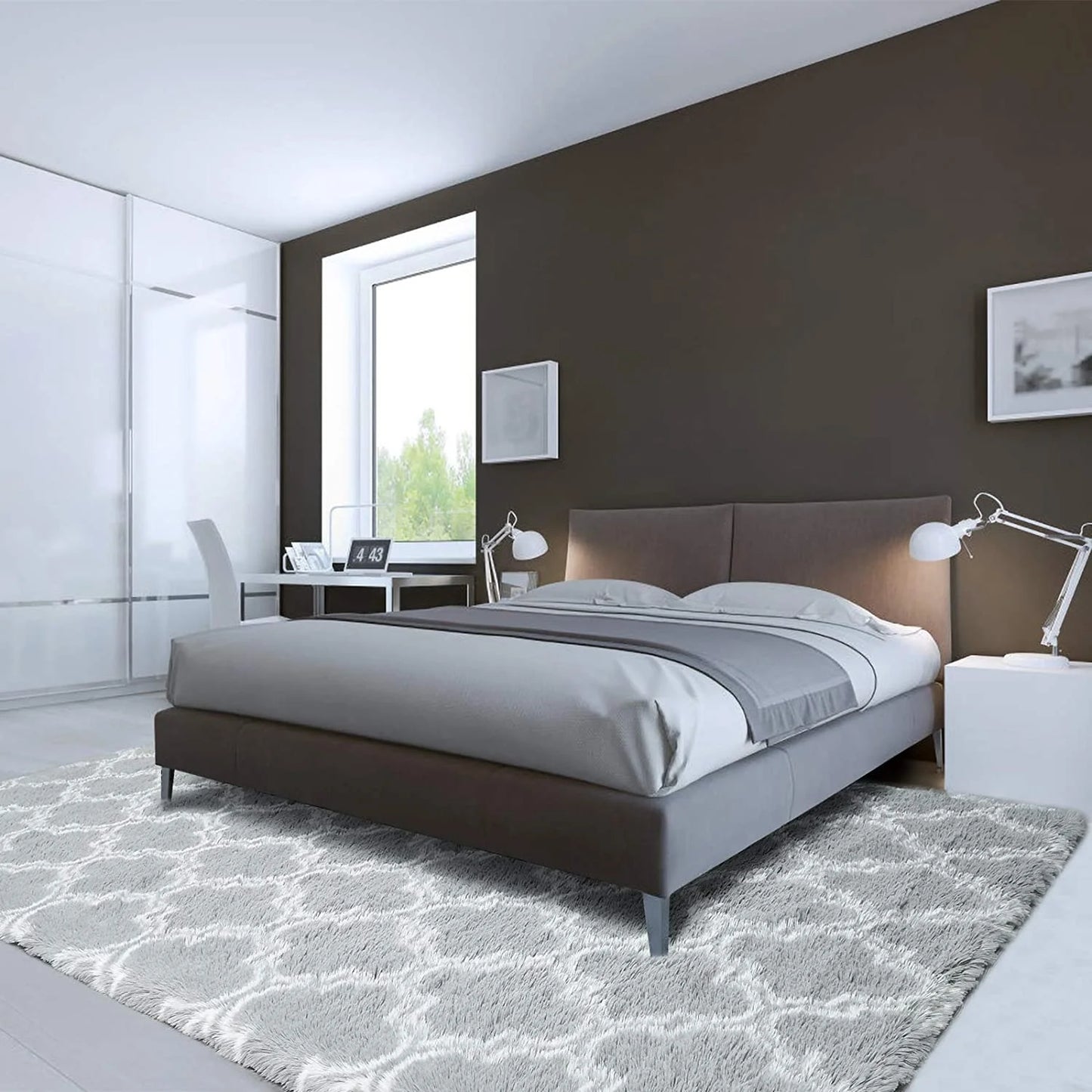 Shag Geometric Area Rug Plush Fluffy Rugs Soft Moroccan Carpets for Bedroom Living Room Home Decor Mat,6'X9',Light Grey/White