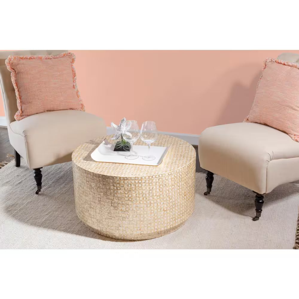 Mina 29.92 In. Gold round Resin Top Capiz Shell Coffee Table