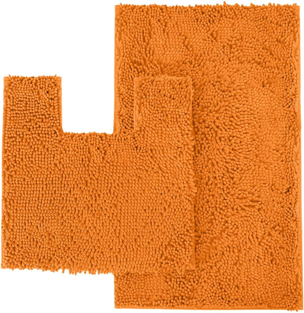 Orange Bathroom Rugs Chenille 2-Piece Bath Mat Set, Soft Plush Bath Rug +Toilet Mat.1'' Microfiber Shaggy Carpet, Super Absorbent Machine Washable - Square Curved Set (20”X 30” + 20”X20” U, Orange)