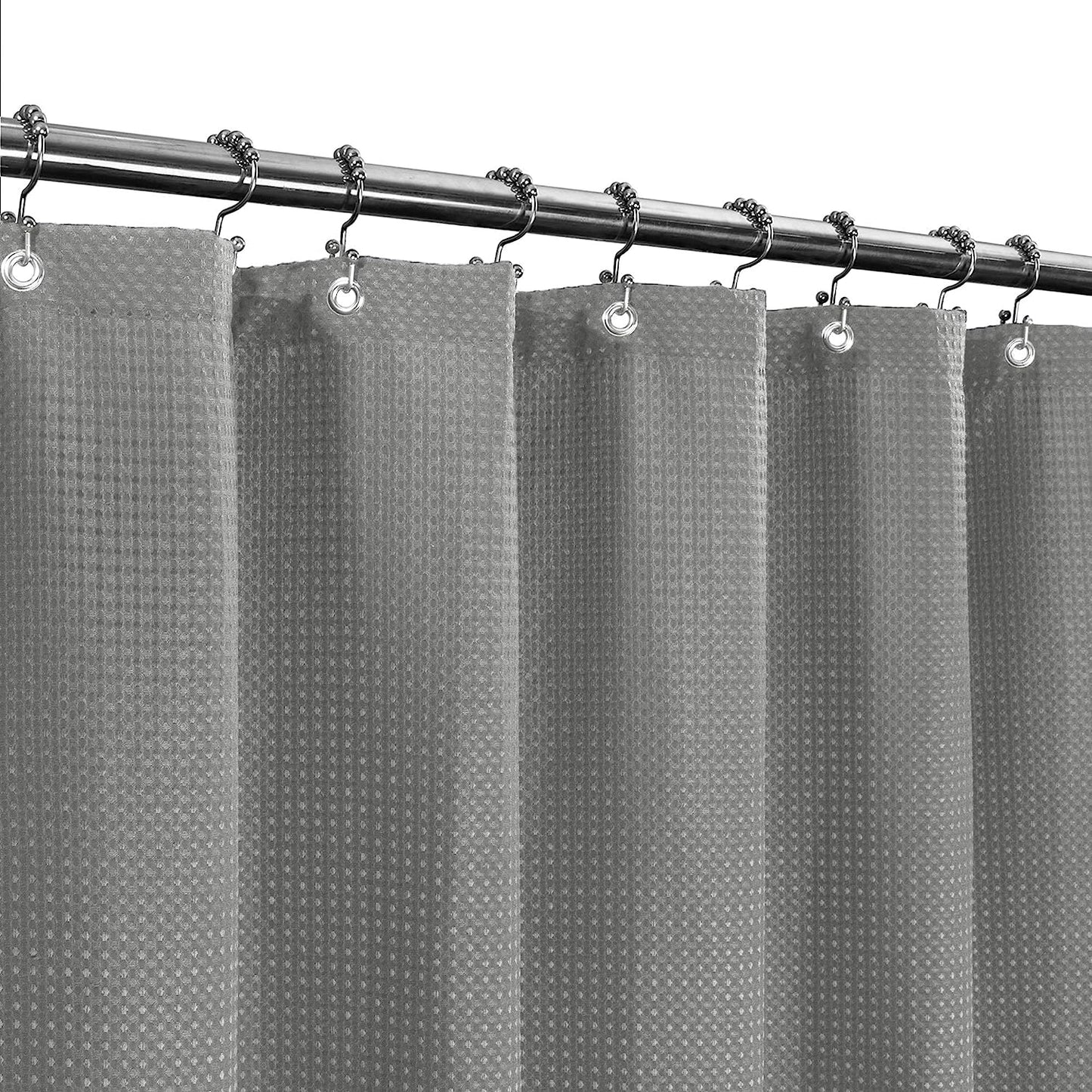 Long Fabric Waffle Weave Shower Curtain 75 Inch Height, Hotel Luxury Spa, 230 GSM Heavy Duty, Water Repellent, Machine Washable, Gray Pique Pattern, 71X75