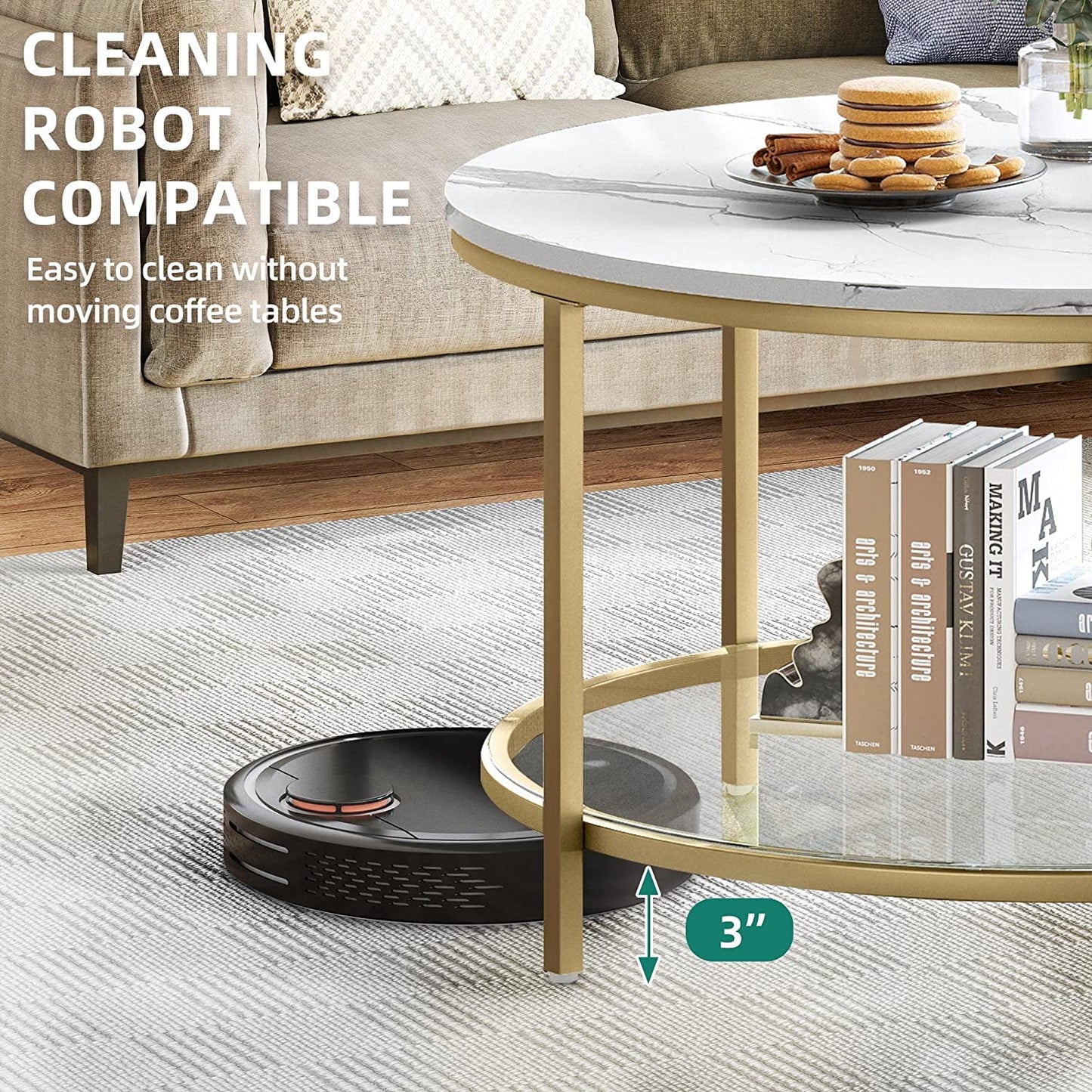 Dexturs 2-Tier round Coffee Table Marble Center Cocktail Table with Glass Open Storage Shelf, White