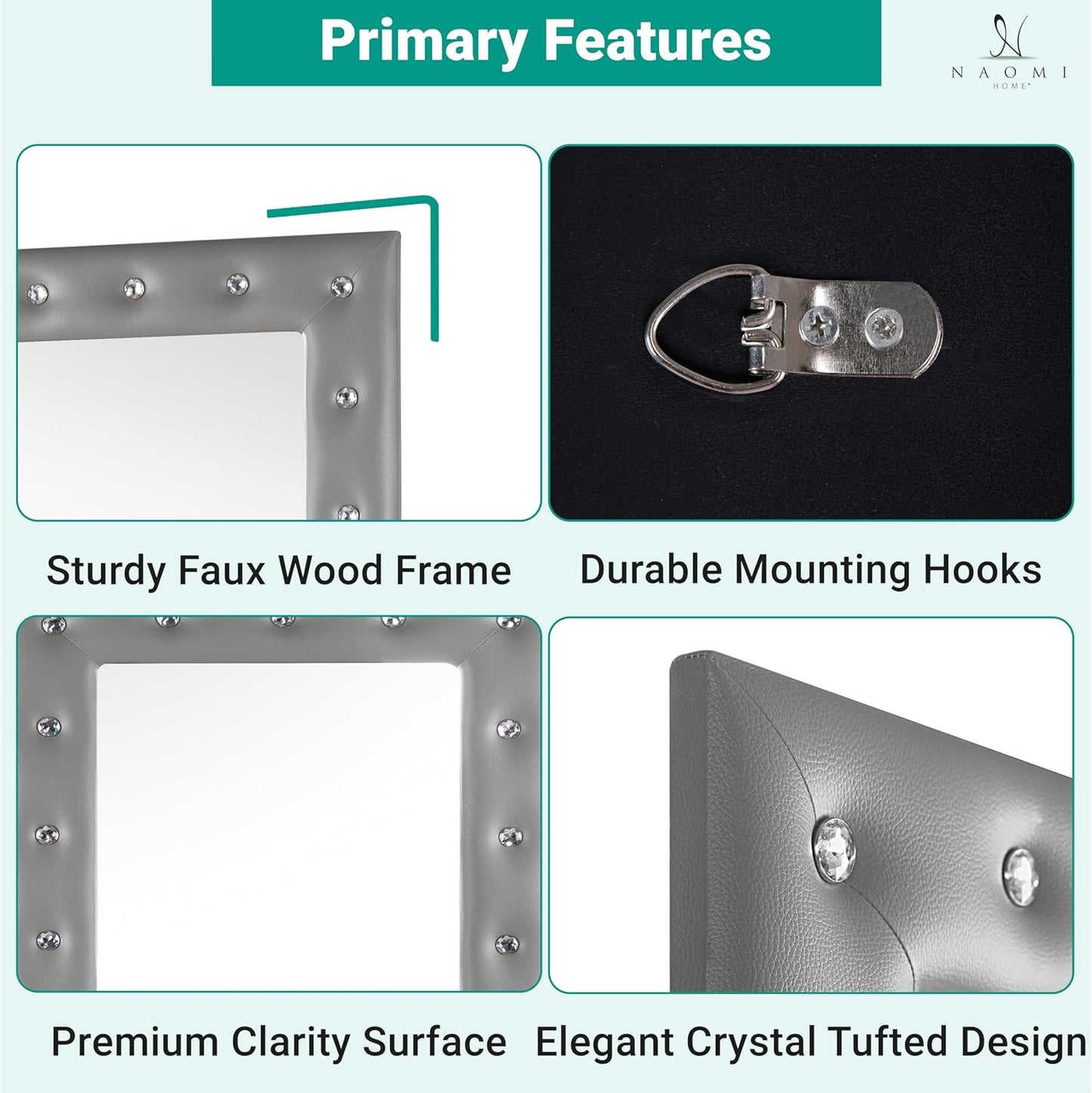 Crystal Tufted Floor Mirror Full Length, 63" LX22 W Wall Mirror, Standing Mirror,Wall Mirror with Faux Wood Frame, Full Length Mirrors for Bedroom - Gray