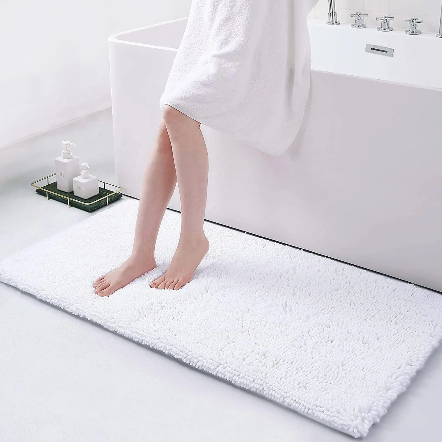 Luxury Chenille Bathroom Rugs, Extra Soft and Absorbent Bath Mat, White, 17"X47"