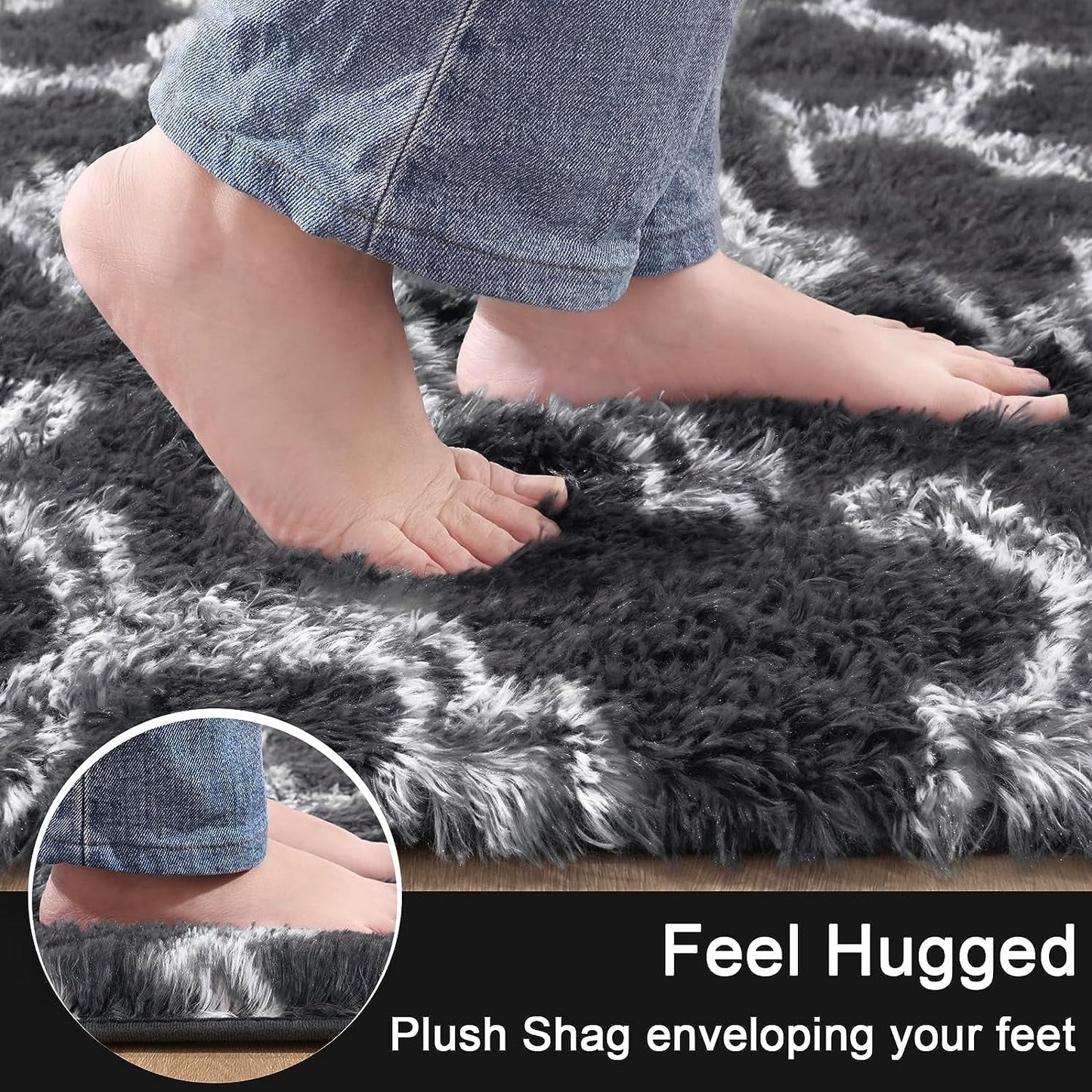 Shag Geometric Area Rug Plush Fluffy Rugs Soft Moroccan Carpets for Bedroom Living Room Home Decor Mat,6'X9',Dark Gray/White