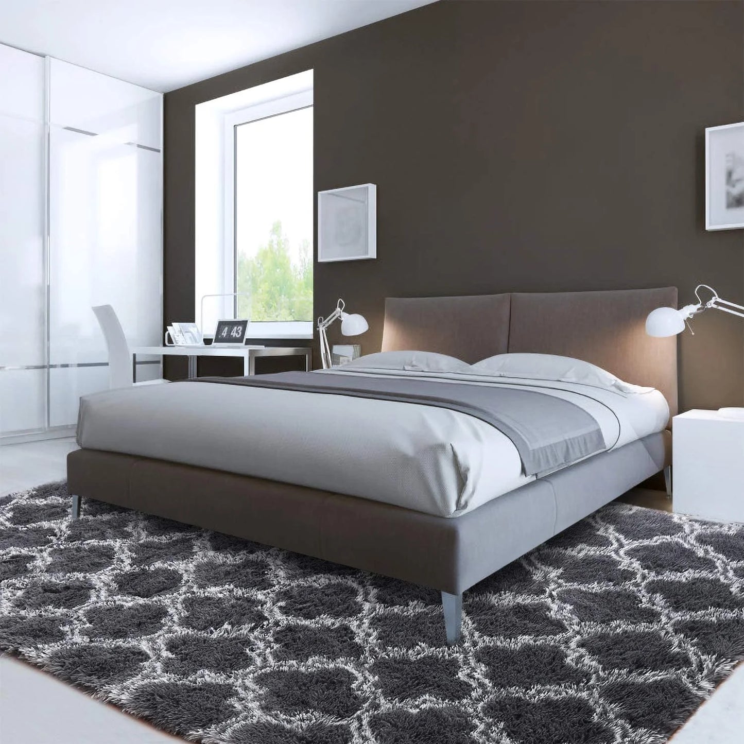 Shag Geometric Area Rug Plush Fluffy Rugs Soft Moroccan Carpets for Bedroom Living Room Home Decor Mat,6'X9',Dark Gray/White