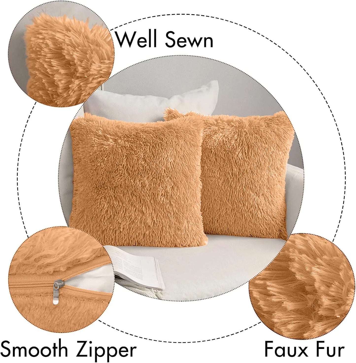 Throw Pillow Covers Pillow Protector with Hidden Zipper Furry Faux Fur 18''X18'' 2 Pack