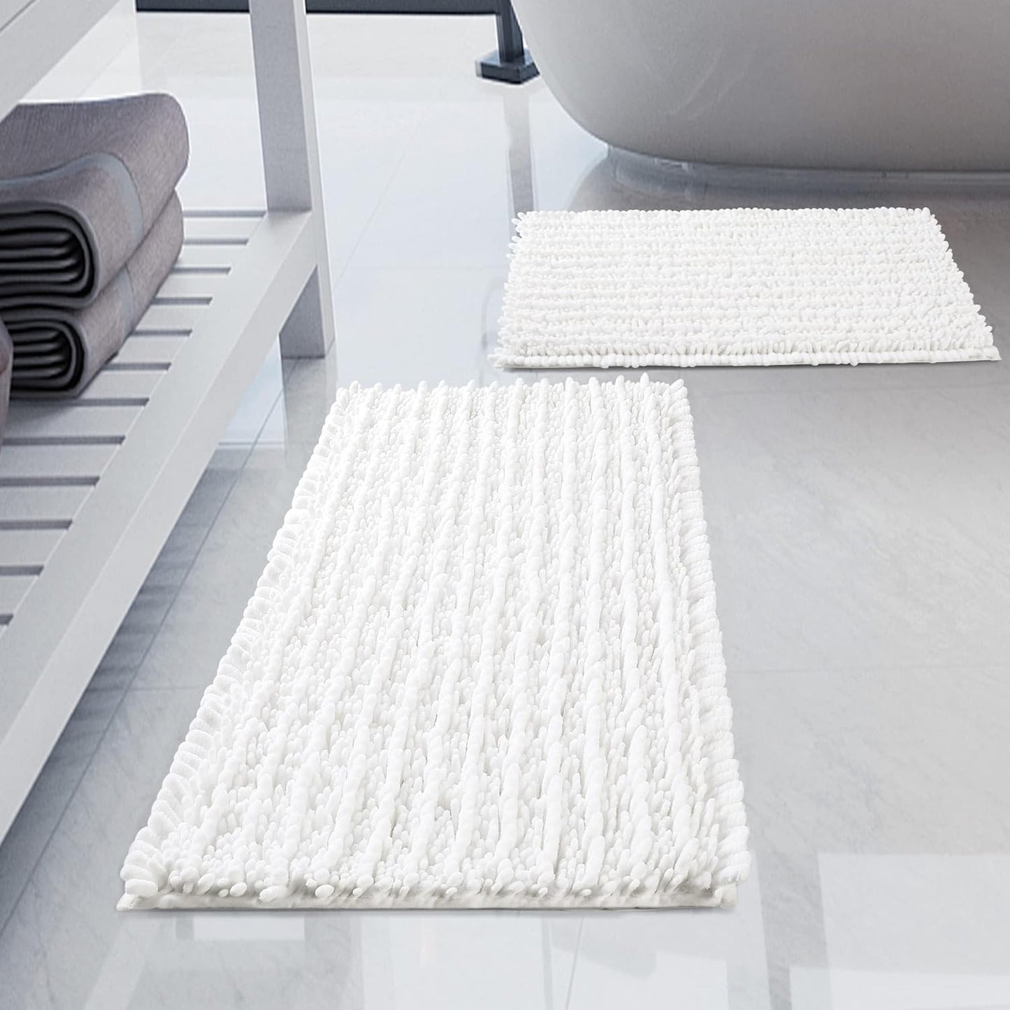 Luxury Chenille White Bathroom Rugs Sets 2 Piece, Thickened Hot Melt Rubber Bottom Bath Mats for Bathroom Non Slip,Bath Rugs Quick Dry Machine Washable for Shower Mat (32"X20"+17"X24")