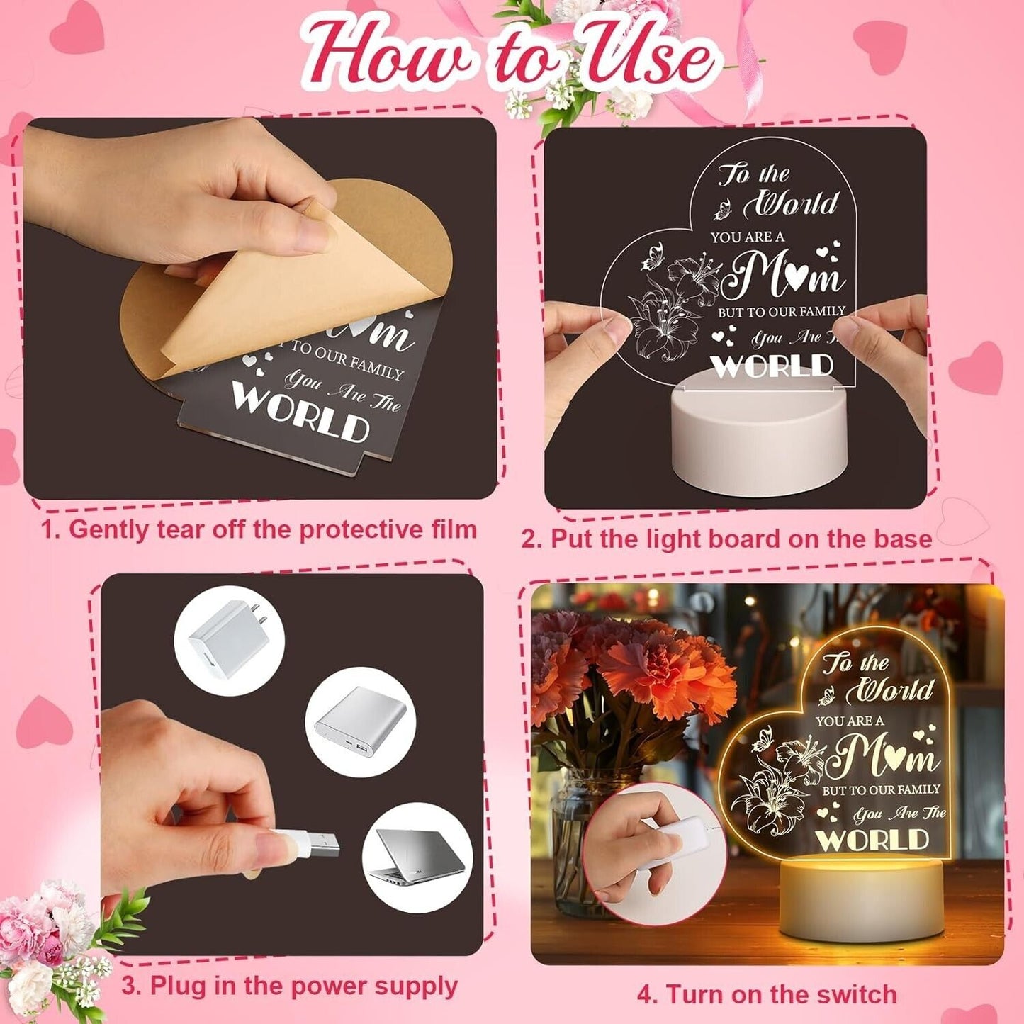Mothers Day Gifts for Mom from Daughter Son Kids, Engraved Night Light Lamp Gift