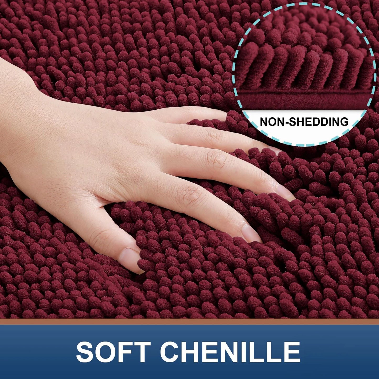 Luxury Chenille Bathroom Rugs, Extra Soft and Absorbent Bath Mat, Wine Red, 24"X47"