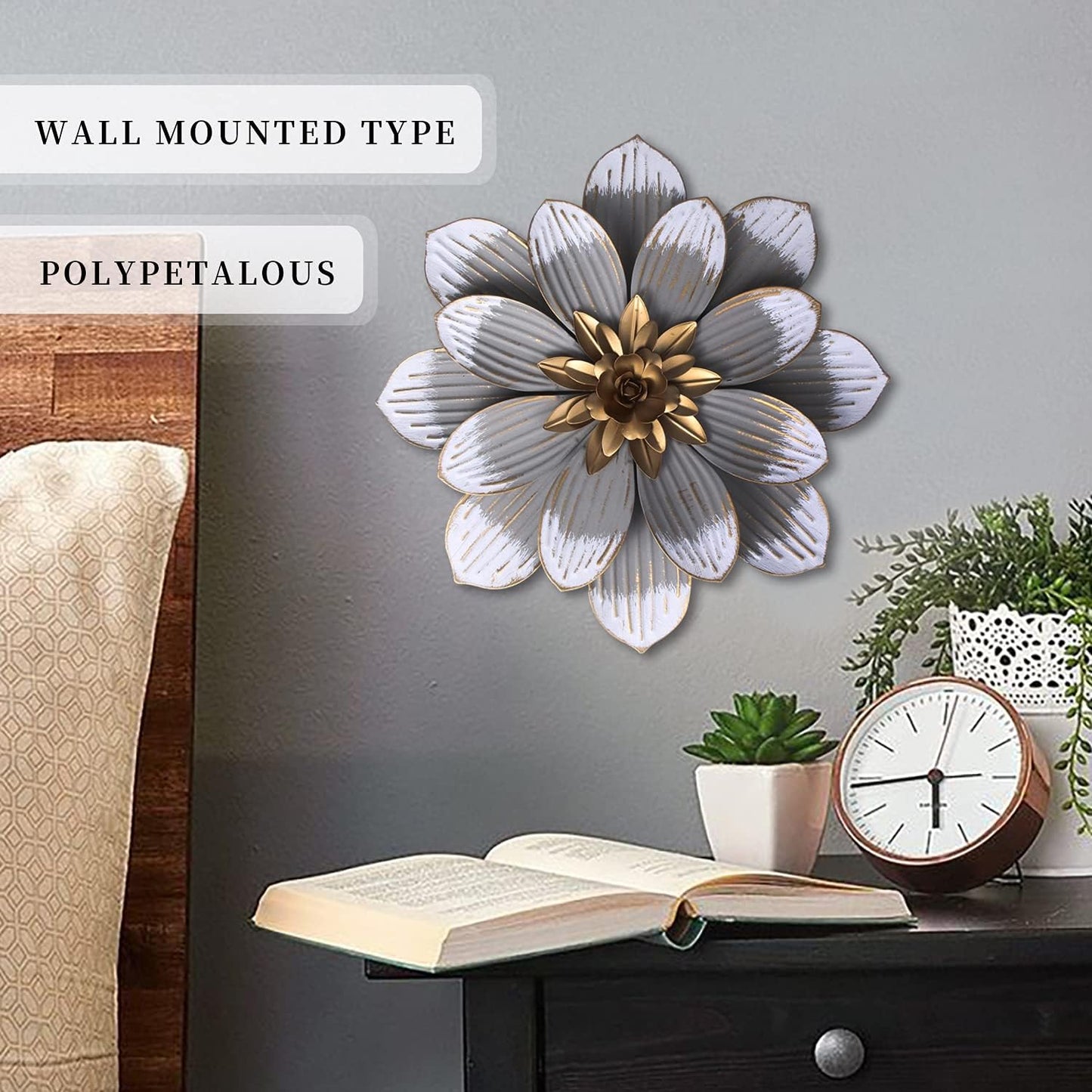 Metal Flower Wall Decor Fence Indoor Outdoor Decoration 13 Inches Grey Flower Art Wall Hanging for Home, Bedroom, Living Room, Bathroom, Garden Hanging Decoration