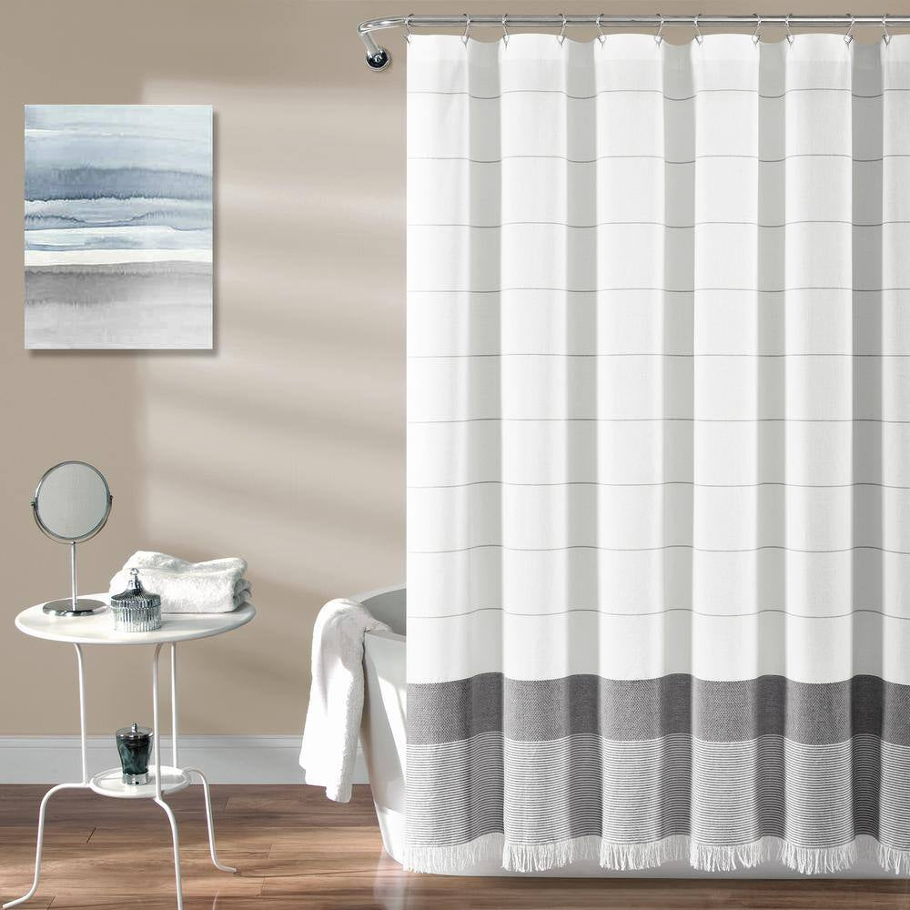 72 In. X 72 In. Gray Stripe Yarn Dyed Tassel Fringe Woven Cotton Shower Curtain