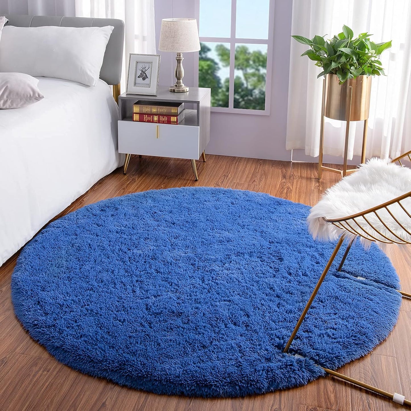 Luxury round Fluffy Area Rugs for Bedroom Kids Girls Room Nursery, Super Soft Circle Rug, Cute Shaggy Carpet for Children Living Room, 4X4 Feet Light Navy