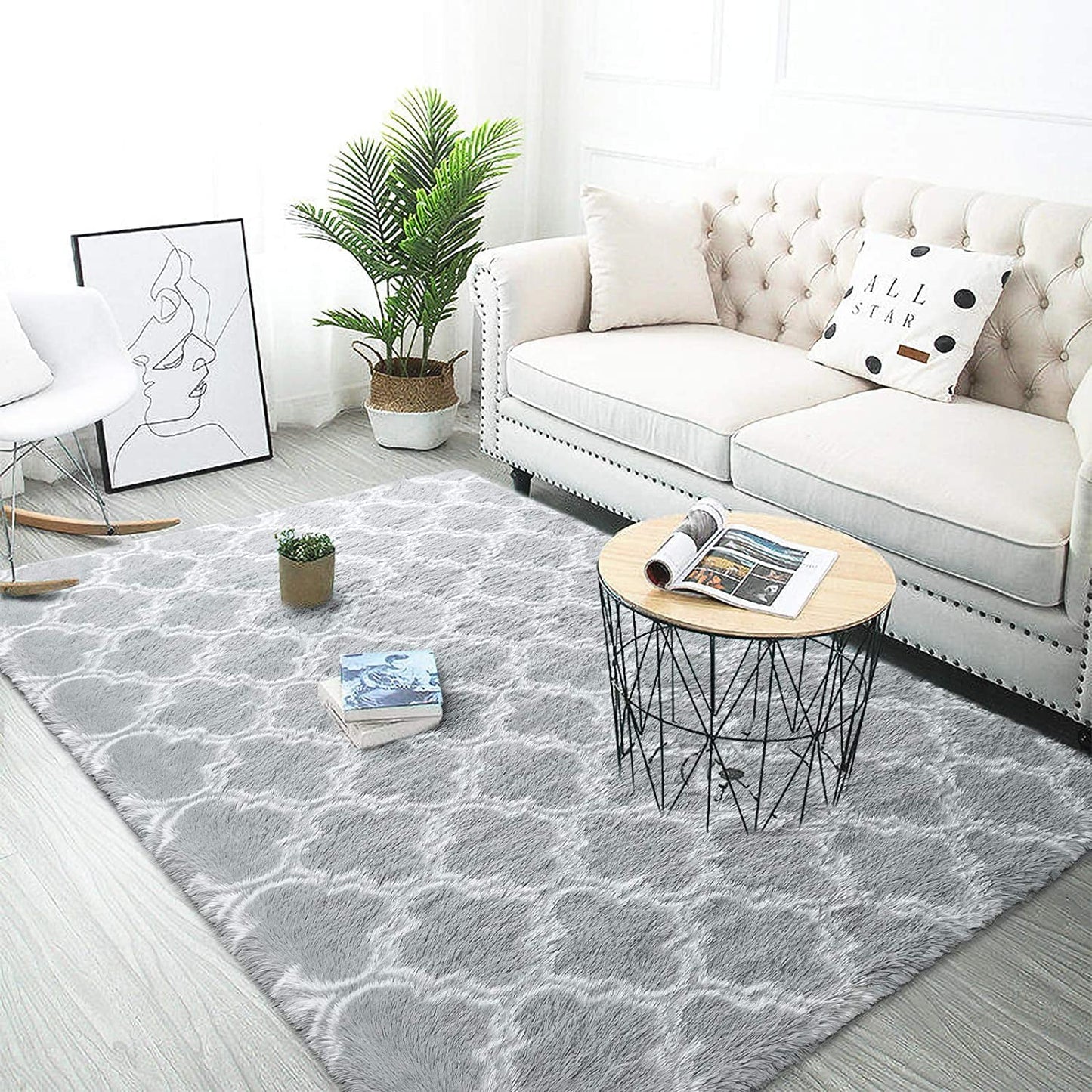 Shag Geometric Area Rug Plush Fluffy Rugs Soft Moroccan Carpets for Bedroom Living Room Home Decor Mat,6'X9',Light Grey/White