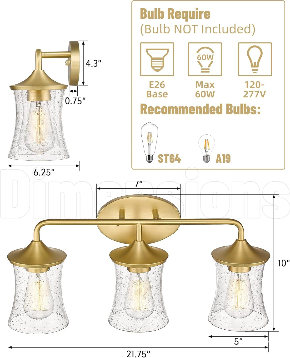 Brushed Gold Bathroom Light Fixtures, Vanity Lights for Bathroom with Seeded Glass Shade for Bathroom