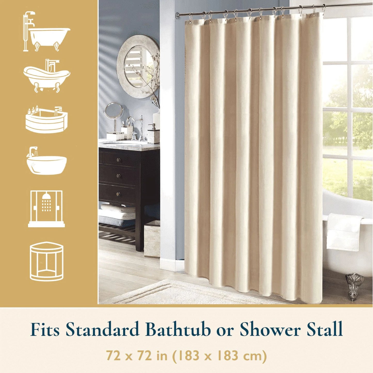 Fabric Shower Curtain with Hooks – 210 GSM Heavy-Duty Faux Linen Hotel Luxury Cloth Bathroom Curtain, Weighted Hem, Water-Repellent, Mold-Resistant, Machine-Washable, 72 X 78 In, Beige
