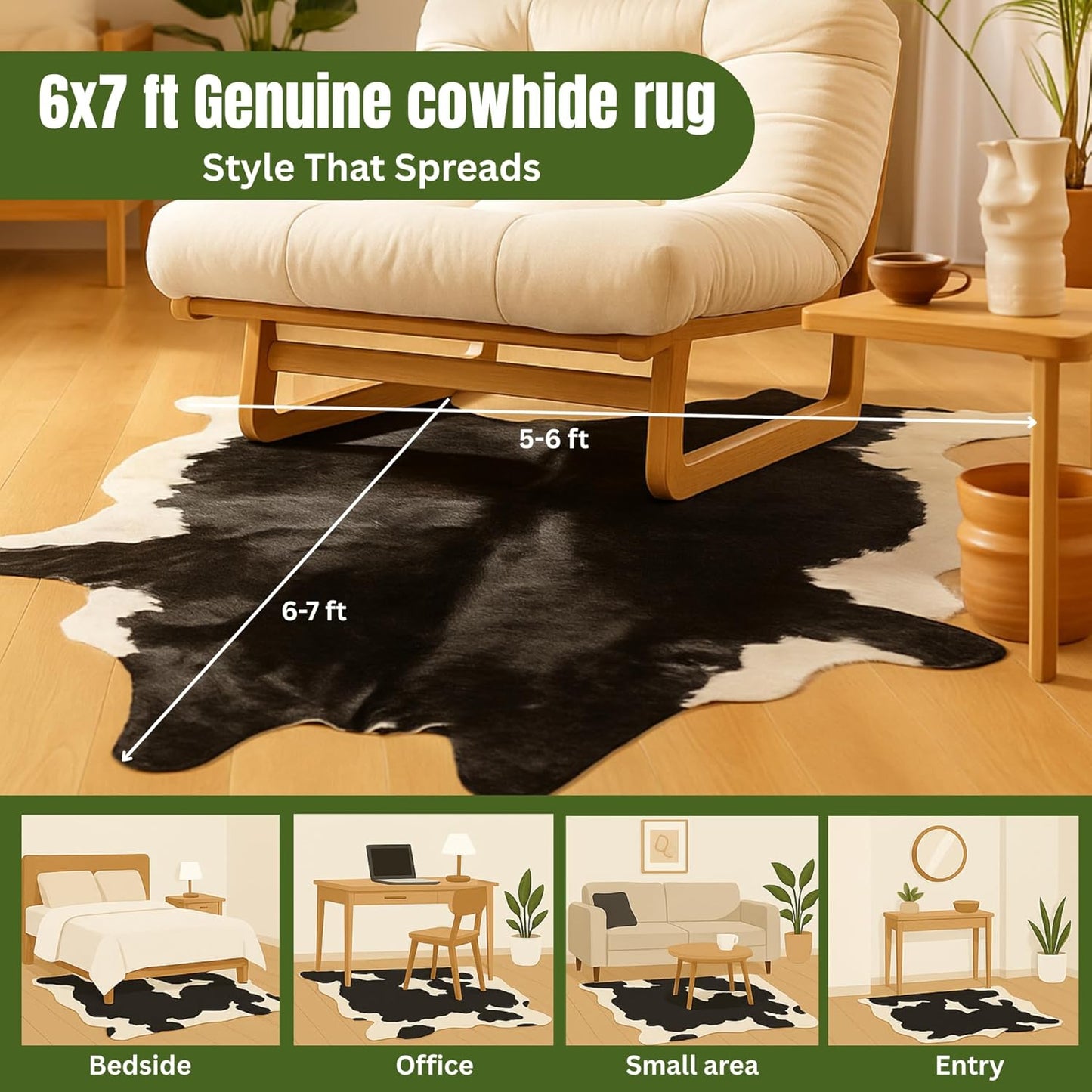 Genuine Cowhide Rug: Real Animal Print Rug for Western Home Decor & Rustic Cow Rugs for Living Room - Hand-Picked Western Rugs, 6X7Ft - Unique Country Style Hide Decor - Black and White