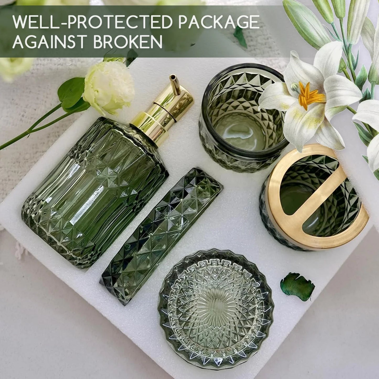 5Pcs Bathroom Accessories Set, Modern Glass Bathroom Accessories with Lotion Soap Dispenser, Soap Dish, Toothbrush Holder, Tumbler, Cotton Swab Jars, Perfect for Bathroom Theme Gift,Green
