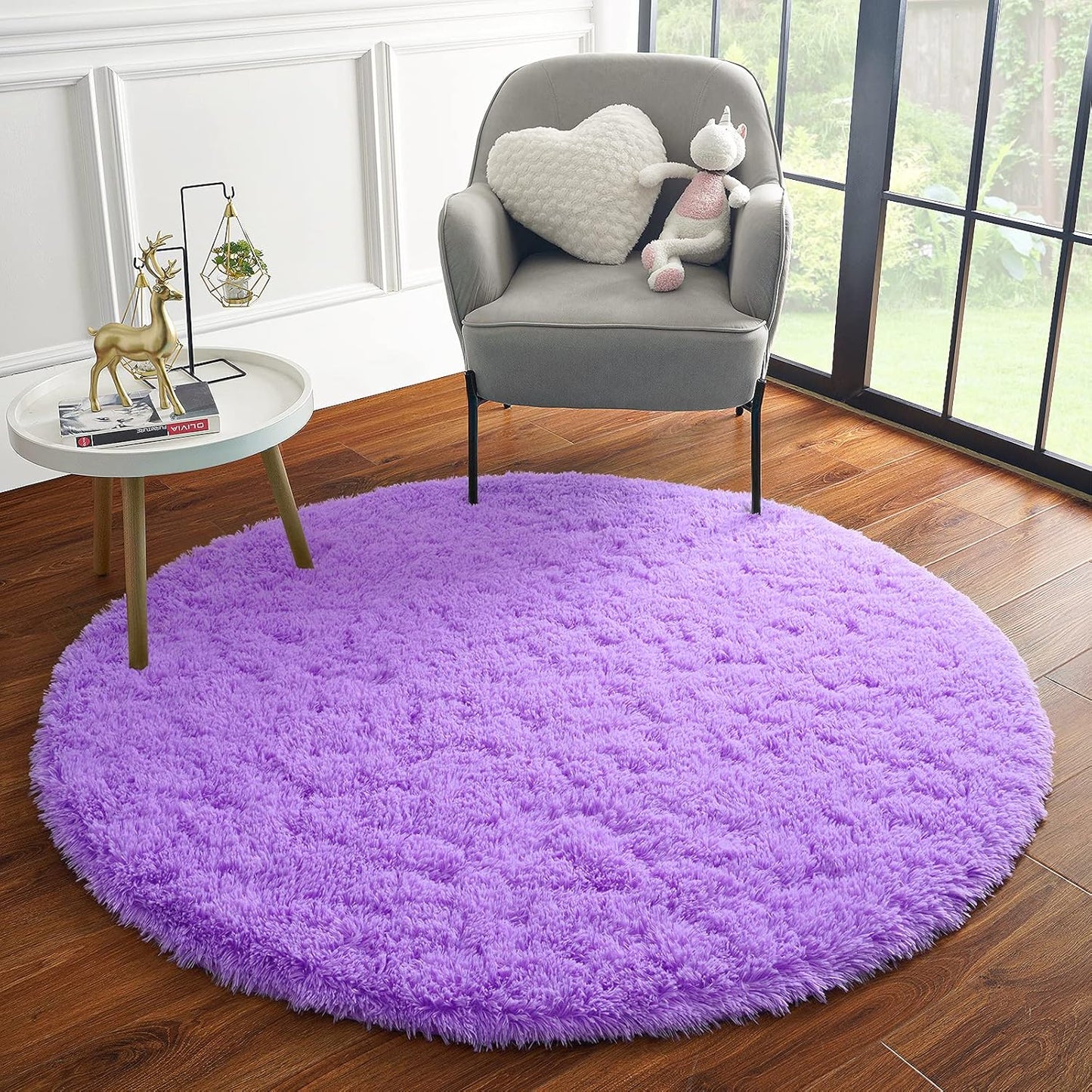 Fluffy round Rug for Kids Room, Soft Circle Area Rugs for Girls Bedroom, Cute Princess Castle Nursery Rug Shaggy Circular Carpet for Teens Girls Baby Bedroom Home Decor, 5 X 5 Feet Purple
