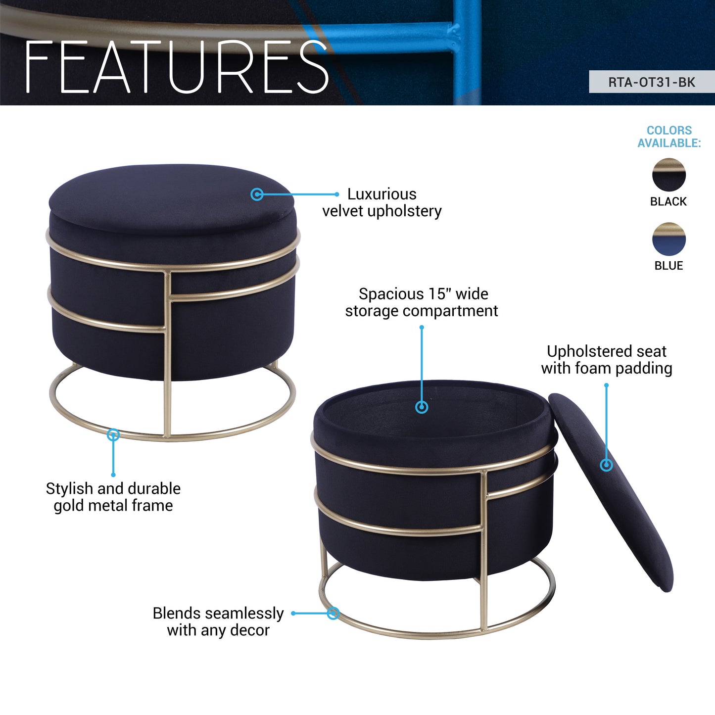 Elegant Velvet round Ottoman with Gold Frame and Storage, Black