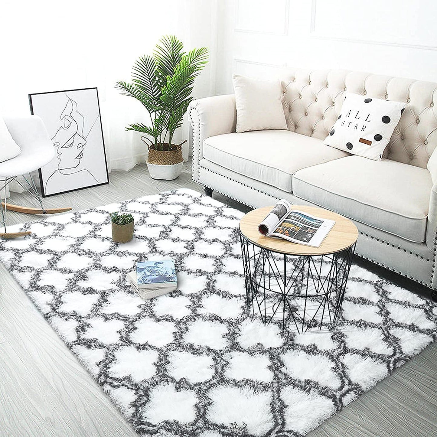 Shag Geometric Area Rug Plush Fluffy Rugs Soft Moroccan Carpets for Bedroom Living Room Home Decor Mat,6'X9',White/Black