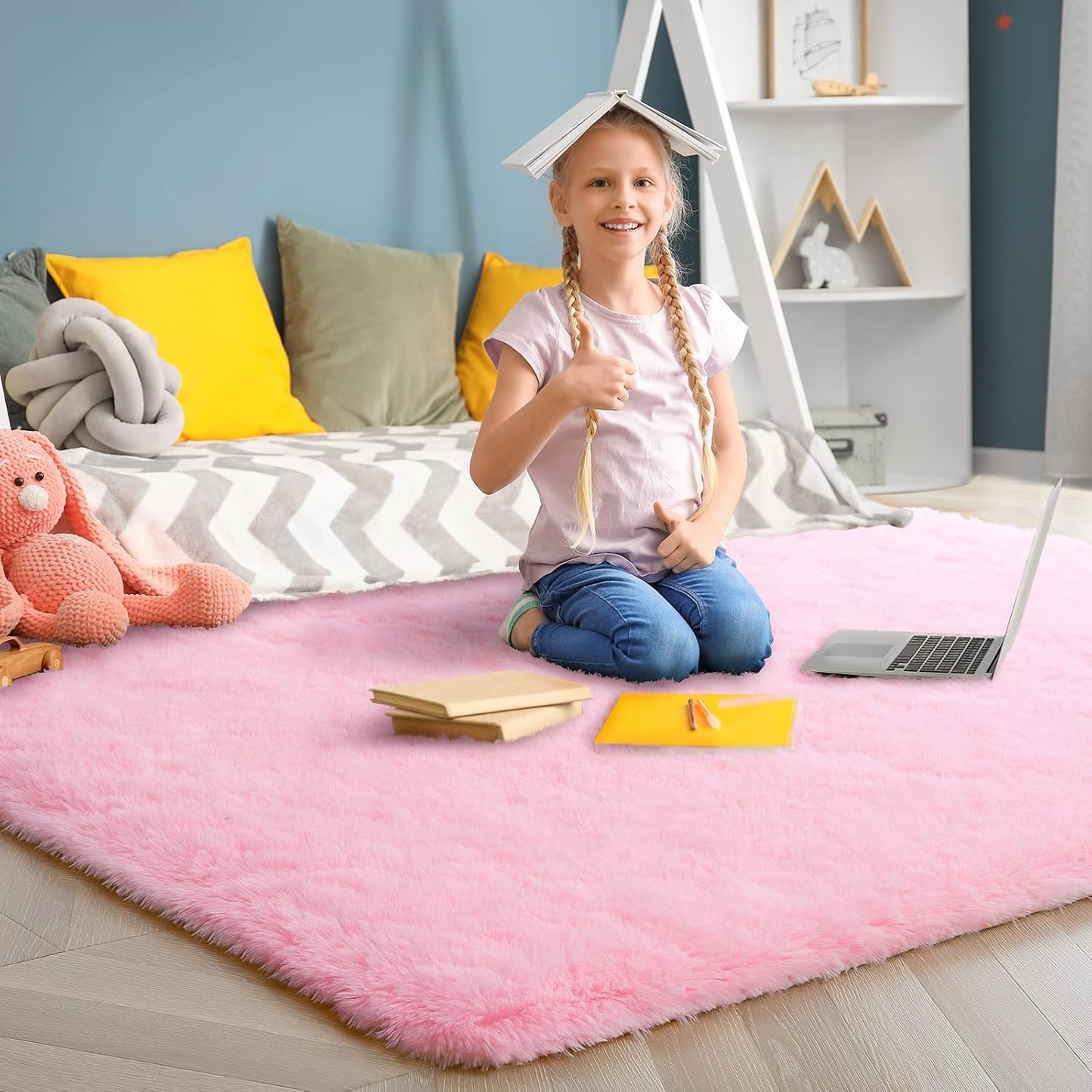 Fluffy Area Rugs for Bedroom, Soft Shaggy Rug for Living Room, Nursery Indoor Rugs Plush Floor Carpet Non-Slip Furry Play Mat for Kids Girls Room Modern Home Decor, 4 X 5.3 Feet Pink