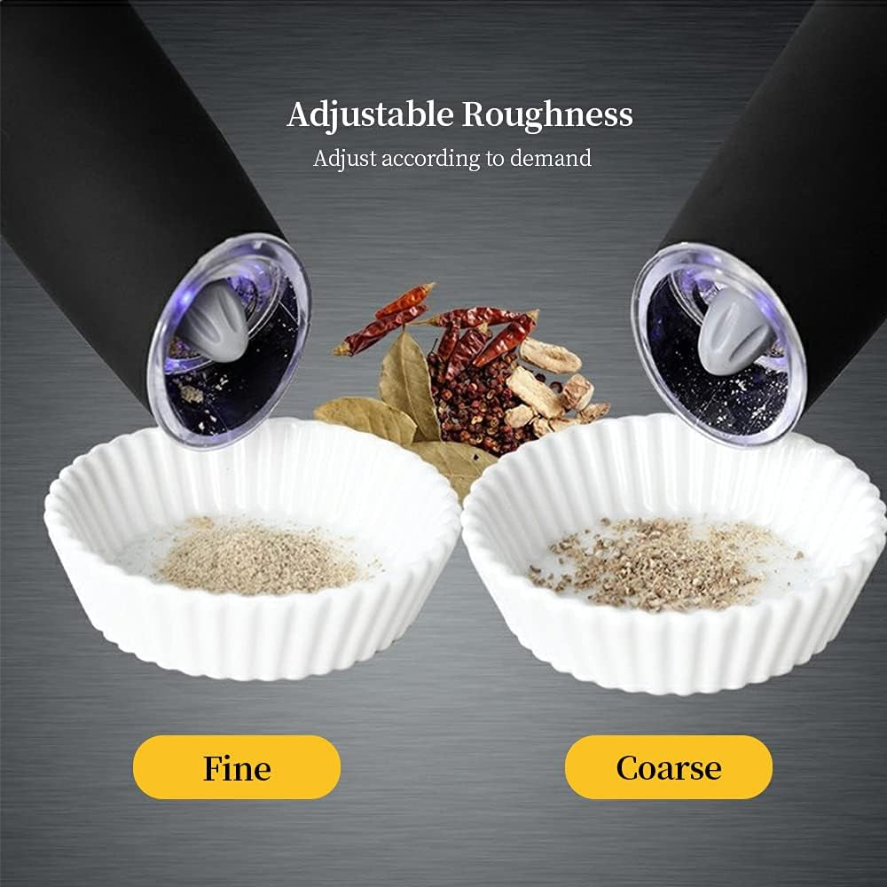 Electric Salt and Pepper Grinder Set,Electric Pepper Grinder Battery Operated,Gravity Salt and Pepper Grinder Set,Adjustable Coarseness with Blue Light Pack of 2 Black(Batteries Not Included)