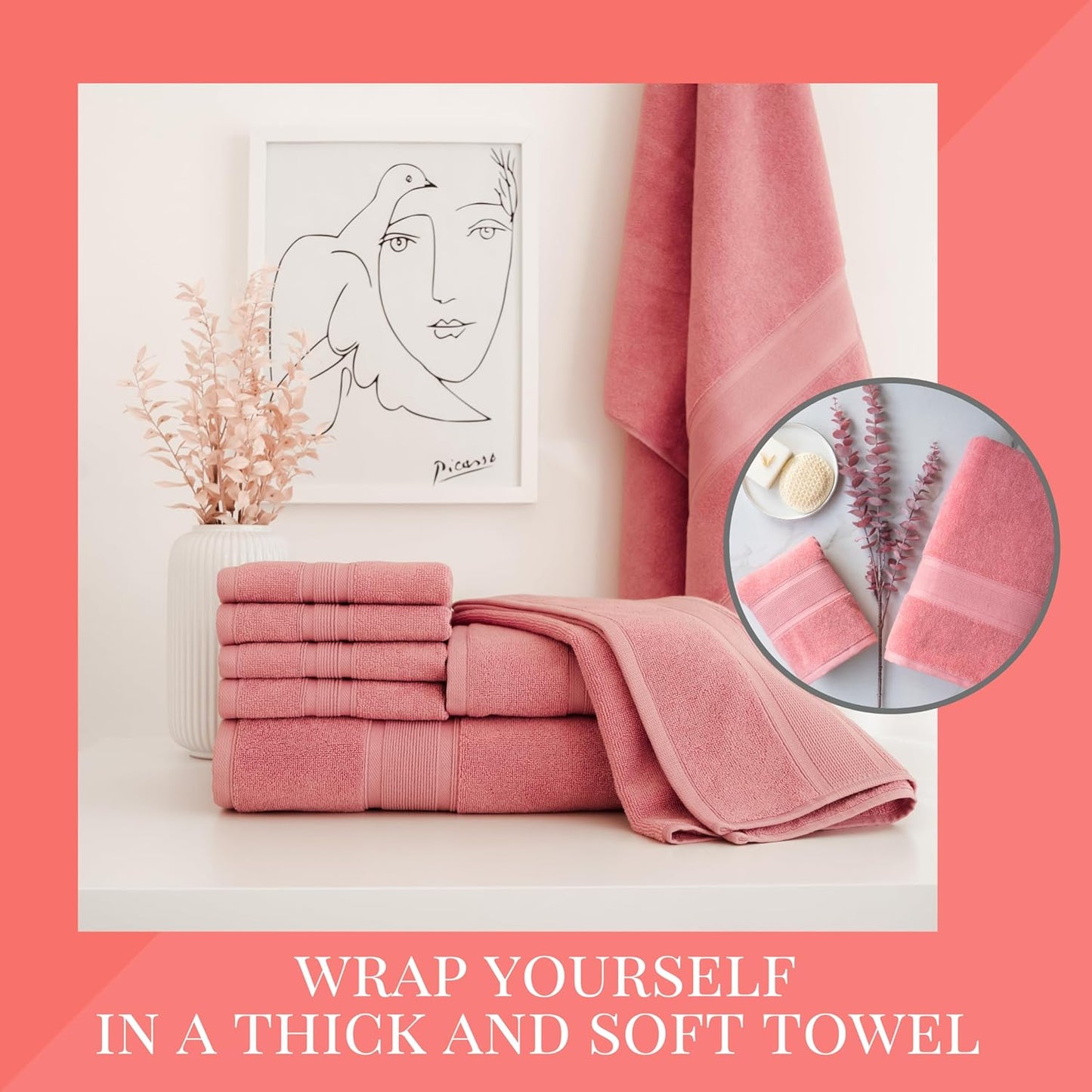8 Piece Bathroom Towel Set - 100% Turkish Cotton, Premium Quality - 2 Bath Towels 2 Hand Towels and 4 Washcloths (Coral)