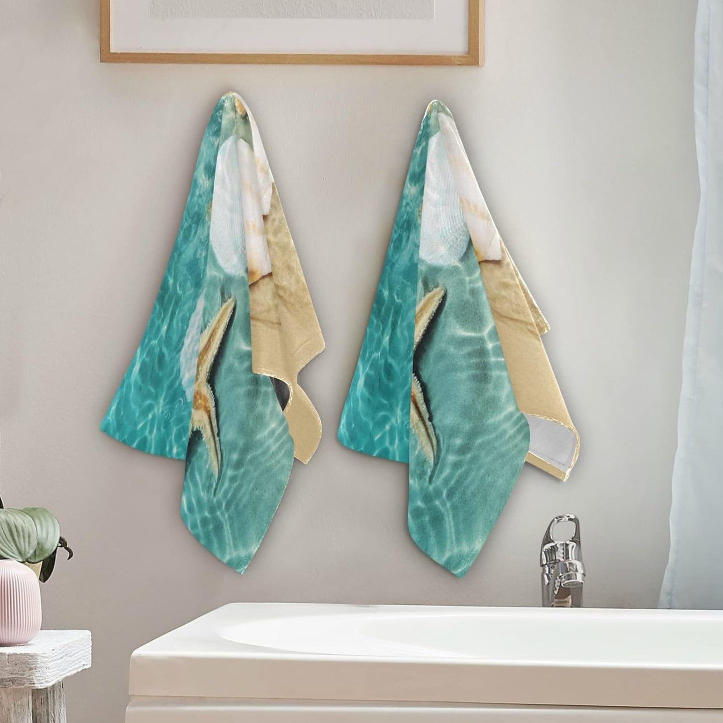 Starfish and Seashell Face Towel Set of 2, Summer Hand Towel Dish Towels Beach Towels Bath Kitchen Decor Set, 30X15