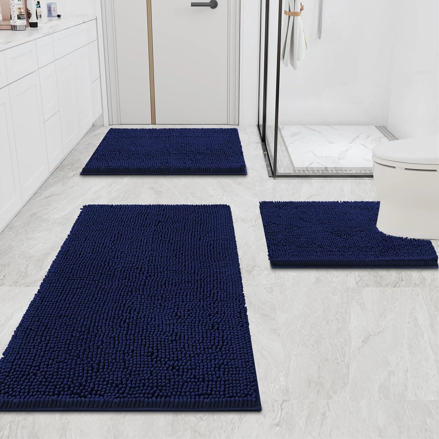 Luxury Chenille Bathroom Rugs, Extra Soft and Absorbent Bath Mat, Navy Blue, 24"X47"