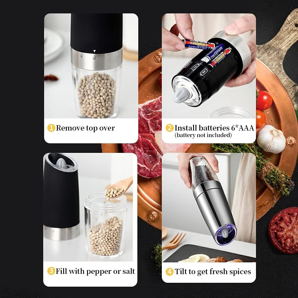Electric Salt and Pepper Grinder Set,Electric Pepper Grinder Battery Operated,Gravity Salt and Pepper Grinder Set,Adjustable Coarseness with Blue Light Pack of 2 Black(Batteries Not Included)