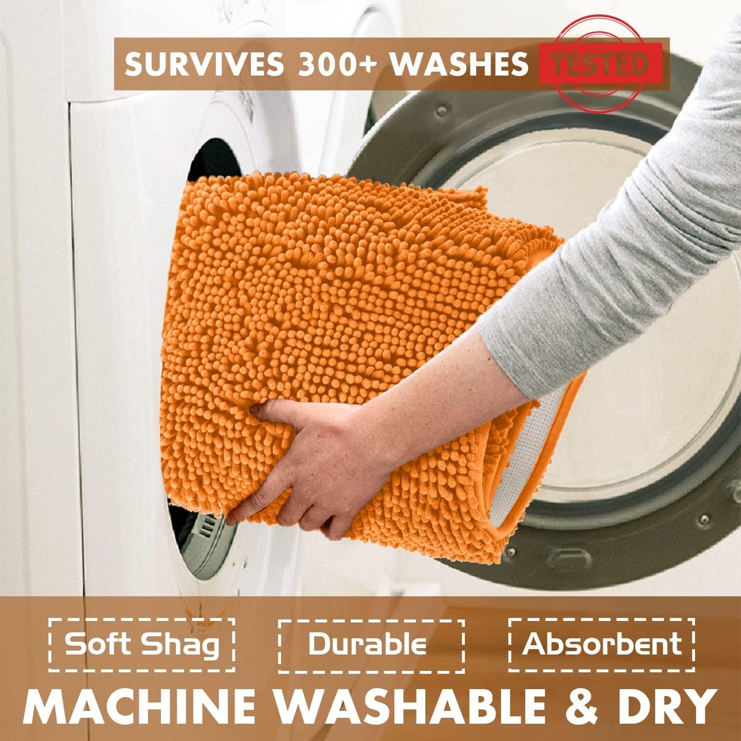 Orange Bathroom Rugs Chenille 2-Piece Bath Mat Set, Soft Plush Bath Rug +Toilet Mat.1'' Microfiber Shaggy Carpet, Super Absorbent Machine Washable - Square Curved Set (20”X 30” + 20”X20” U, Orange)
