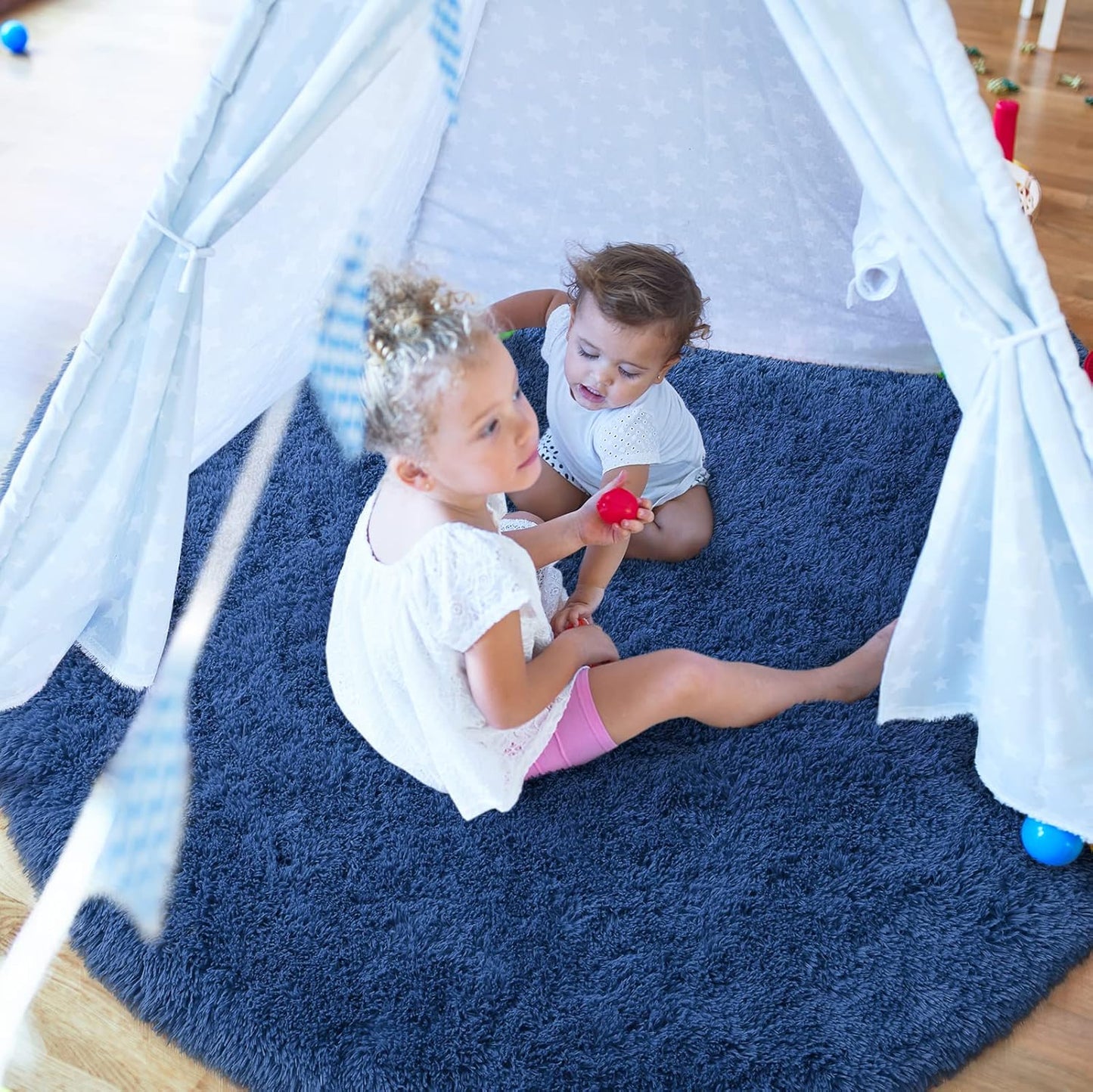 Luxury round Fluffy Area Rugs for Bedroom Kids Girls Room Nursery, Super Soft Circle Rug, Cute Shaggy Carpet for Children Living Room, 4X4 Feet Light Navy