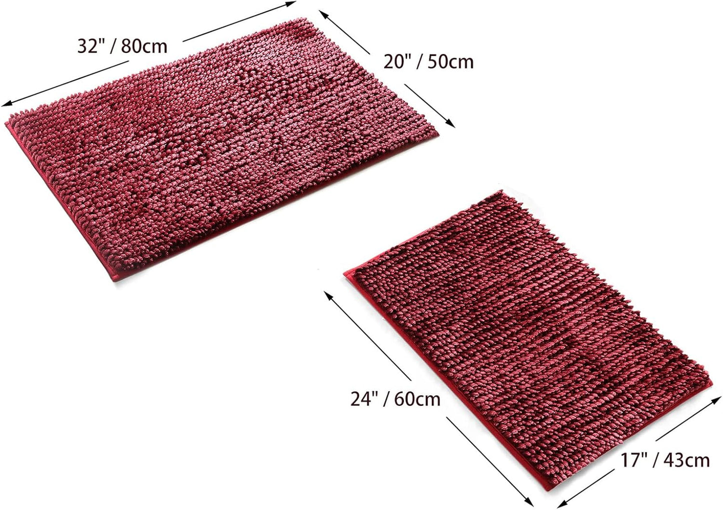 Bathroom Rugs Set - 2 Piece Butter Chenille Bath Rugs with Non Slip Backing, Super Absorbent Thick Soft Plush Bath Mats for Bathroom, Tub, Shower (Burgundy, 20"X32" / 17"X24")
