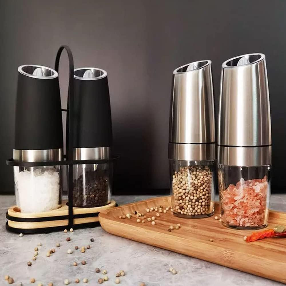 Electric Salt and Pepper Grinder Set,Electric Pepper Grinder Battery Operated,Gravity Salt and Pepper Grinder Set,Adjustable Coarseness with Blue Light Pack of 2 Black(Batteries Not Included)