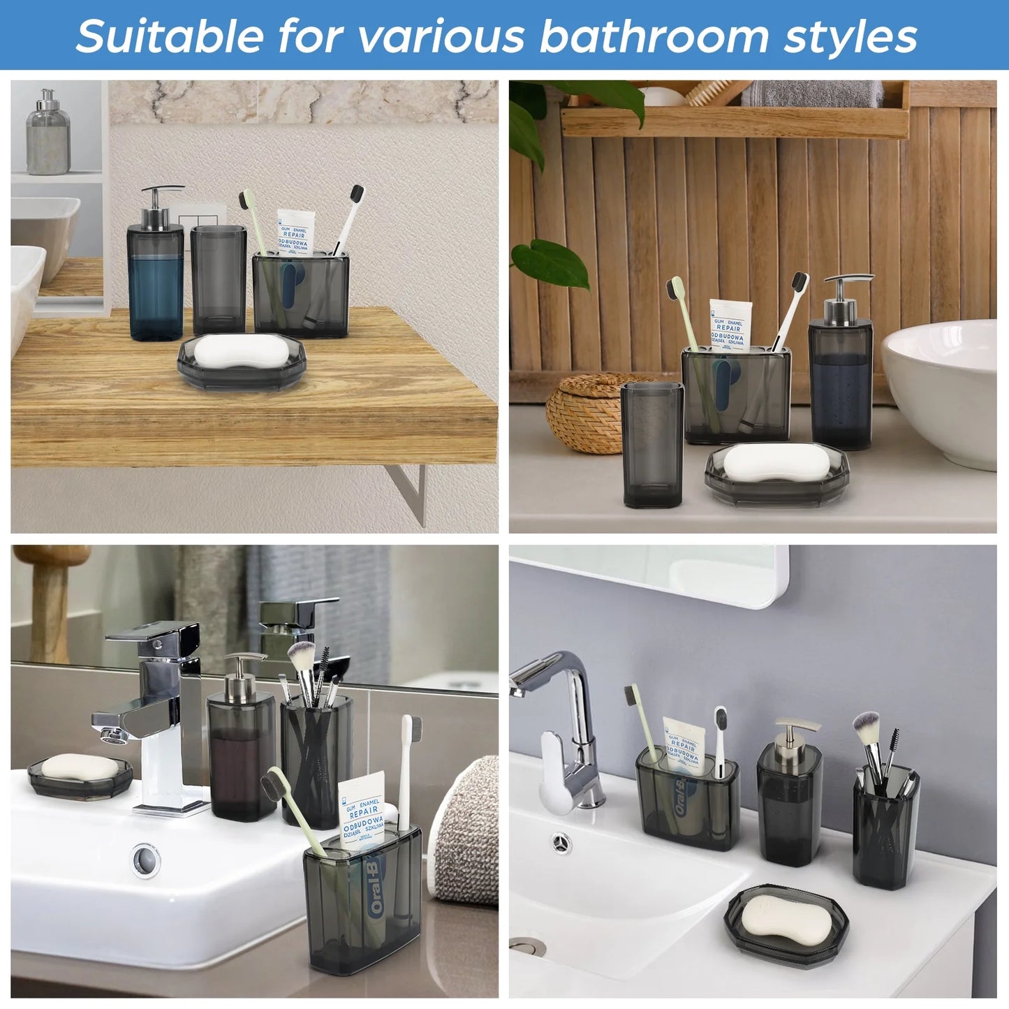 Bathroom Accessories Set, 4Pcs Elegant Acrylic Bathroom Decor, Grey Vanity Storage, Lotion Soap Dispenser, Soap Dish, Toothbrush Holder, Acrylic Tumbler, Home Essentials for Women