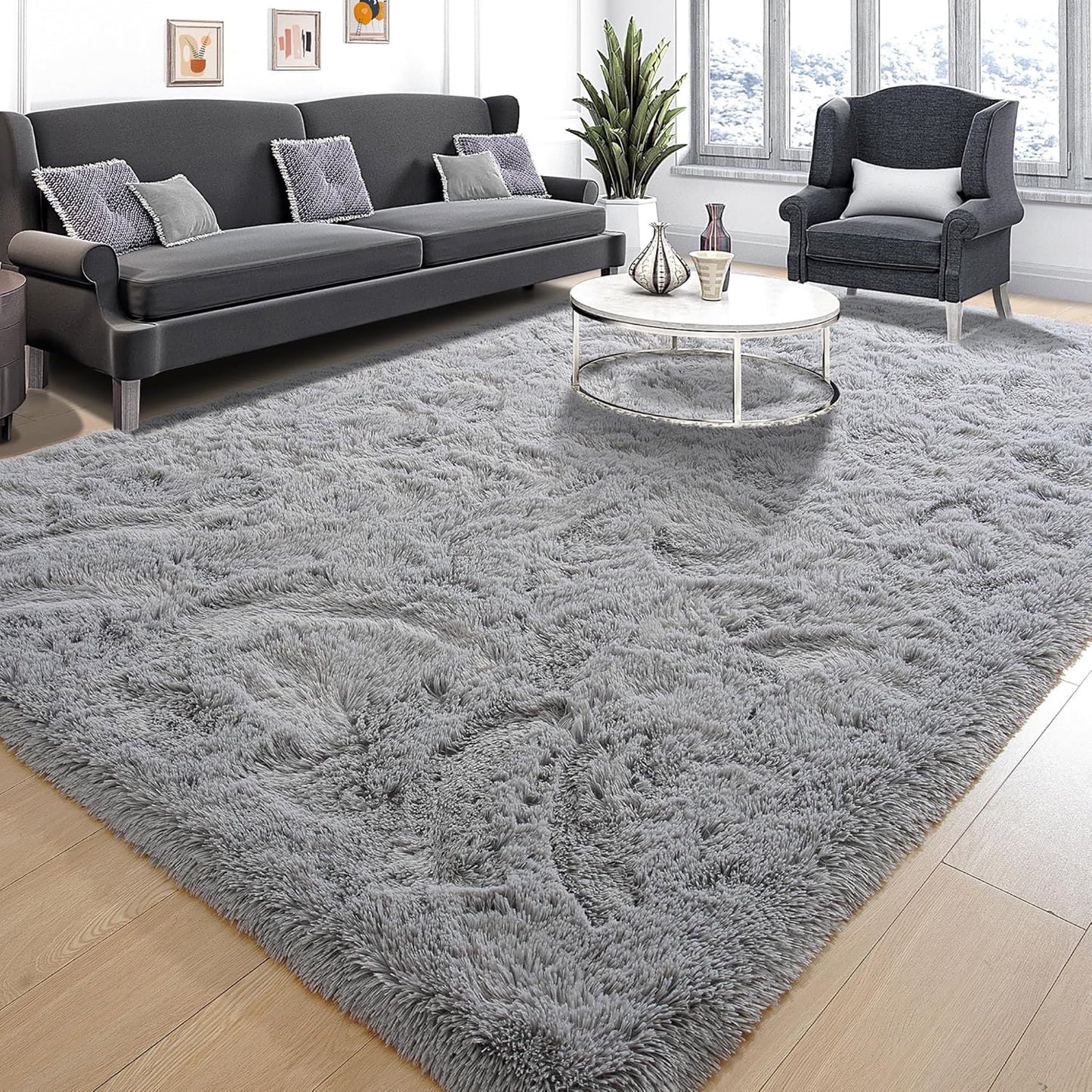 Fluffy Rugs, 8Ft X 10Ft Shaggy Rugs for Living Room Bedroom, Area Rug for Indoor Home Floor Carpet Mat Silver Gray