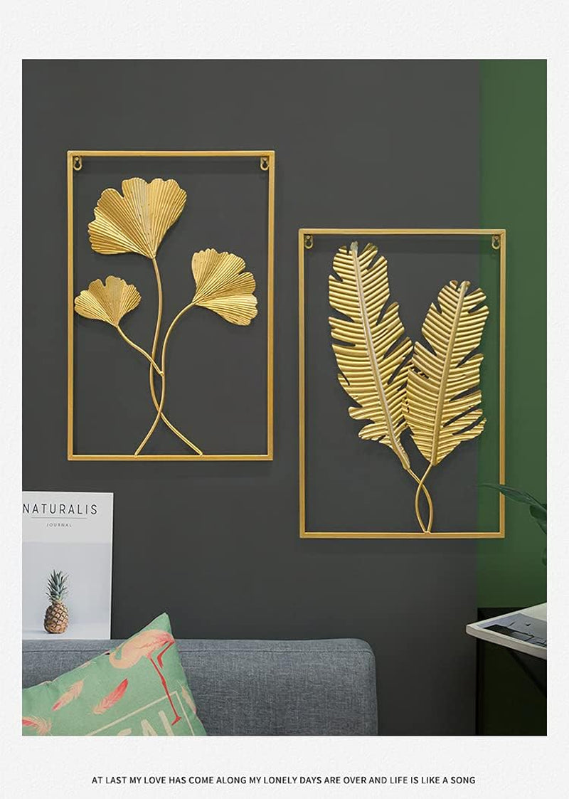 Gold Metal Wall Decor, 24" X 16" Gold Leaf Wall Decor with Frame, Golden Metal Ginkgo Leaf Wall Art Wall Sculpture for Living Room, Office, Home, Hotel