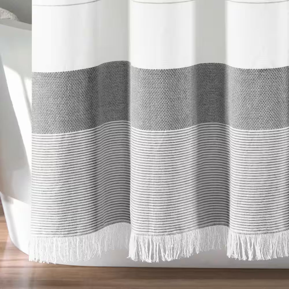 72 In. X 72 In. Gray Stripe Yarn Dyed Tassel Fringe Woven Cotton Shower Curtain