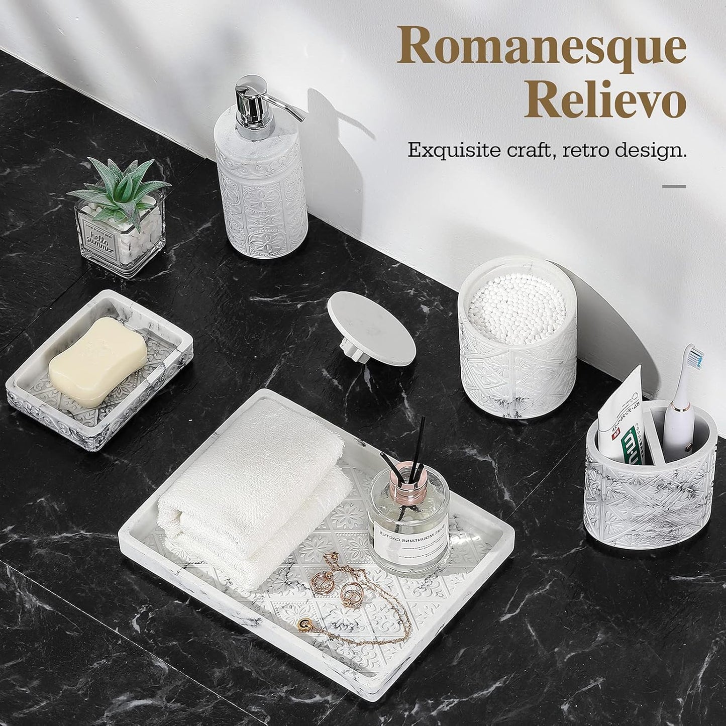 Bathroom Accessory Sets 5 Pcs, 3D Resin Vanity Tray, Toothbrush Holder Cup, Soap Dish, Cotton Swab Holder, Soap Lotion Dispenser, Home Decor Bath Counter Accessory Completes, Marble White