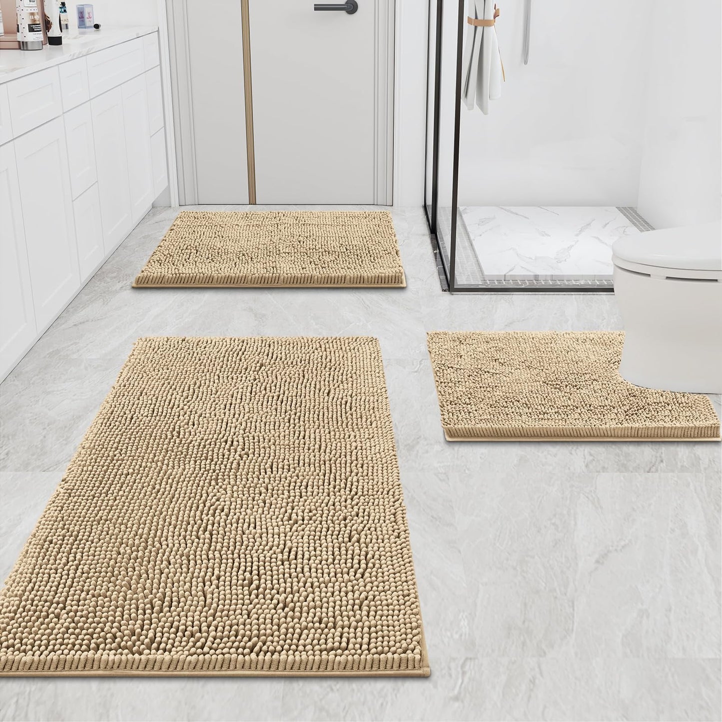 Luxury Chenille Bathroom Rugs, Extra Soft and Absorbent Bath Mat, Beige, 17"X47"