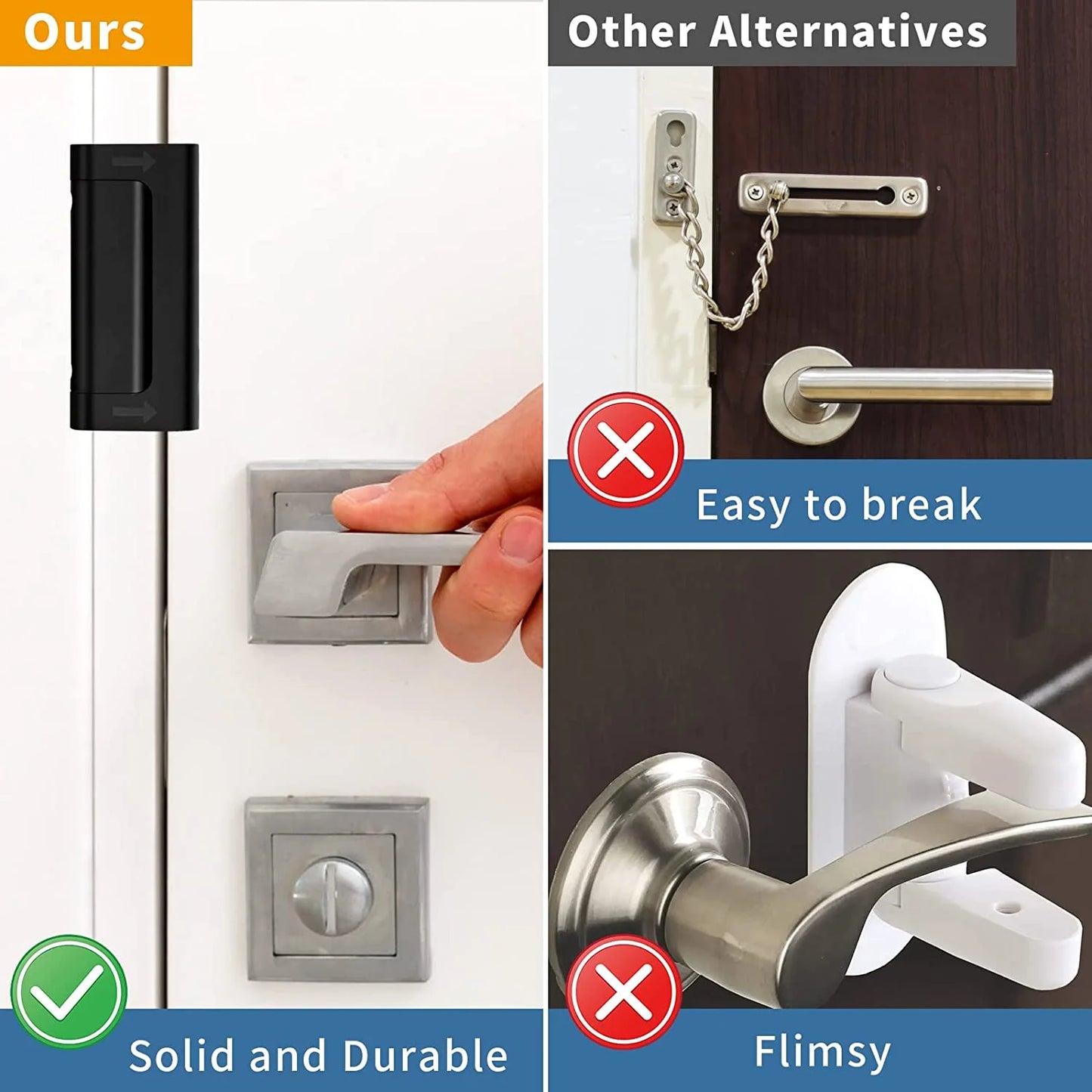 Home Security Door Lock Reinforcement Safety Latch Extra Front Doors Security Devices Withstand 800 Lbs, anti Door Kick in Security Protector for Door Inside, Child Proof Aluminum Door Locks