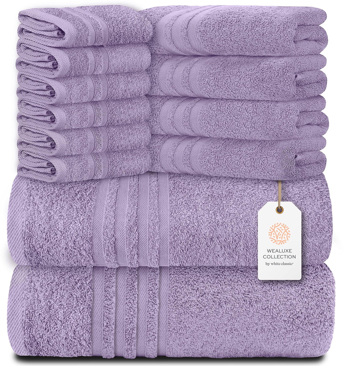 12 Piece Bath Towel Set for Bathroom - Wealuxe Collection 2 Bath Towels, 4 Hand Towels, 6 Washcloths 100% Cotton Soft and Plush Highly Absorbent, Soft Towel for Hotel & Spa - Lavender
