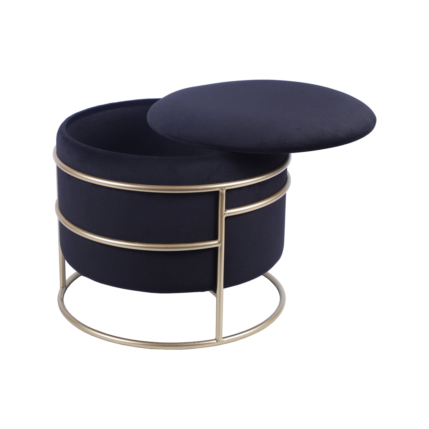 Elegant Velvet round Ottoman with Gold Frame and Storage, Black