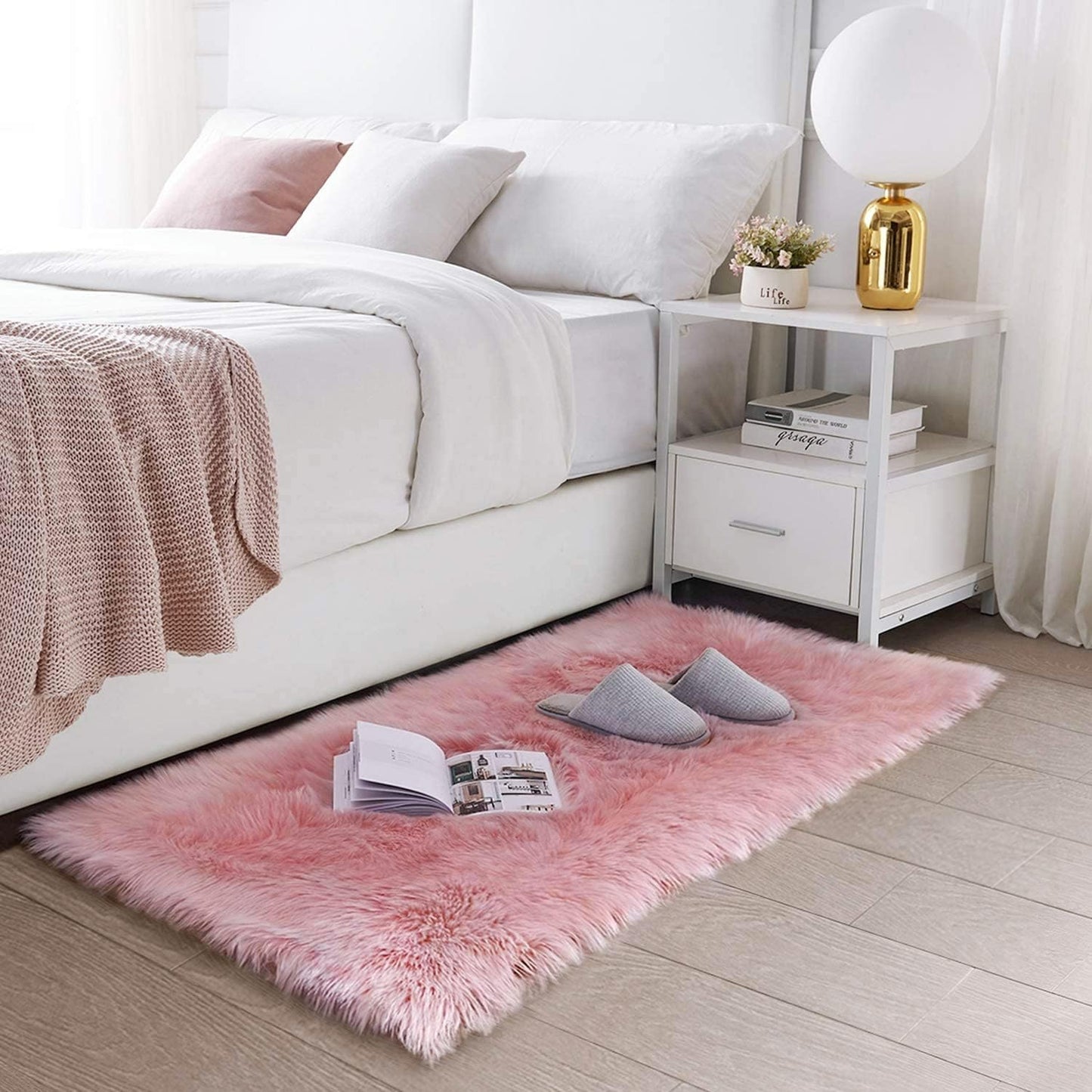 Ultra Soft Faux Fur Area Rug Pink Fluffy Rug Plush Chair Cover Seat Pad Fuzzy Carpet Furry beside Rugs for Bedroom Floor Sofa Living Room 2X4 Feet (Rectangular,Pink)