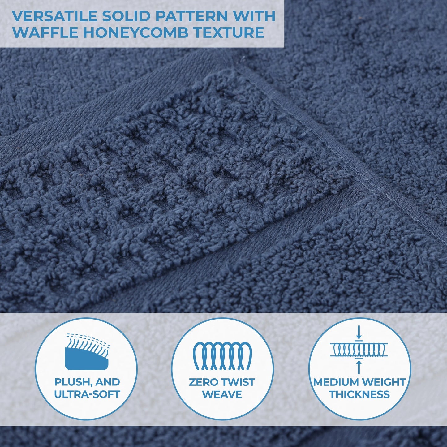 Zero Twist Cotton Waffle Border 3-Piece Towel Set, Denim Blue